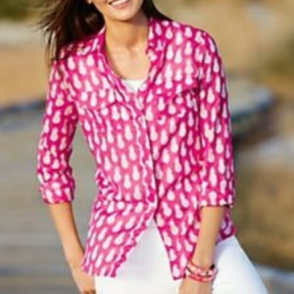 Talbots Pink white Pineapple Novelty Print Blouse top size 1X